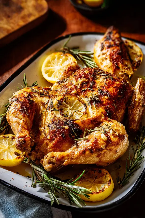 Perfectly cooked herb roasted chicken with golden crispy skin on a serving platter surrounded by roasted vegetables