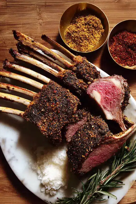 Perfectly roasted lamb rack with aromatic spices served on a platter