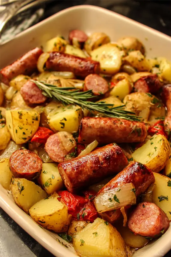 Roasted Sausage and Potatoes served on a plate with fresh herbs