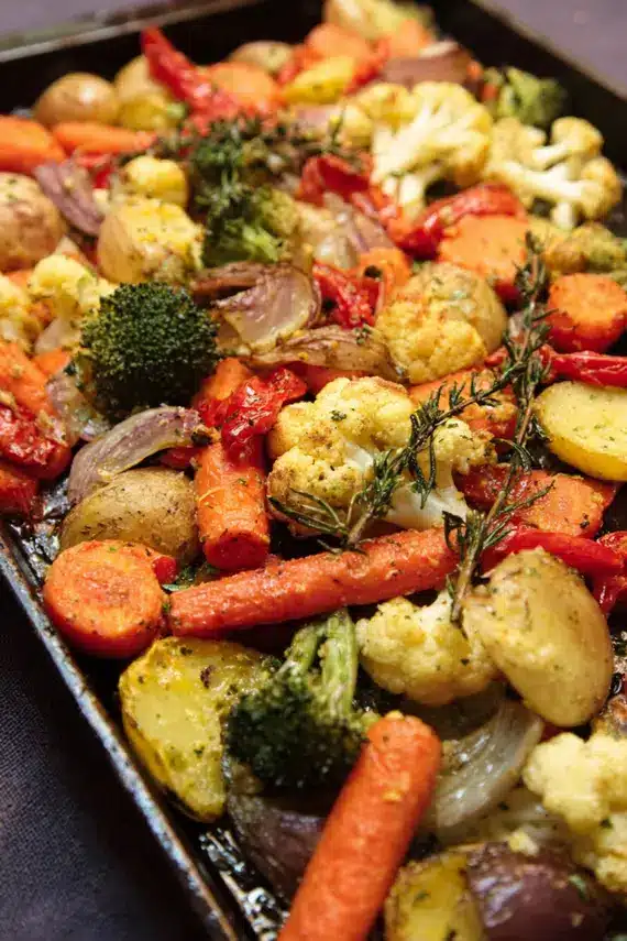 Simple roasted garlic vegetables on a serving platter