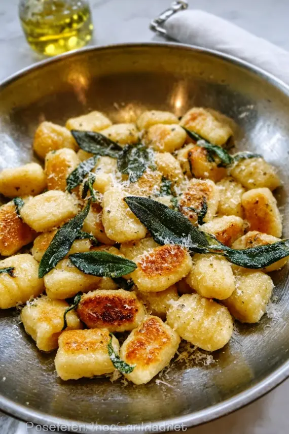 Brown butter sage gnocchi served in a white bowl with grated Parmesan