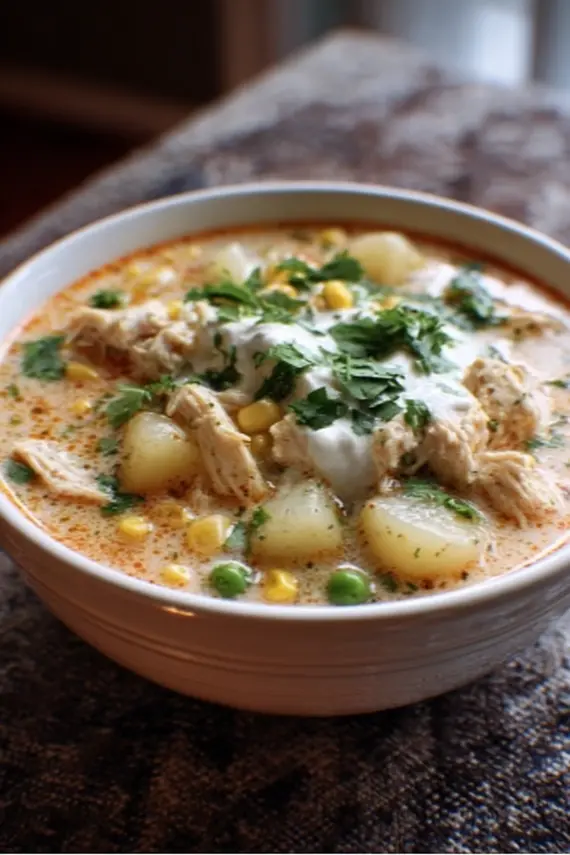 Creamy Salsa Chicken Potato Soup in a bowl garnished with cilantro and toppings