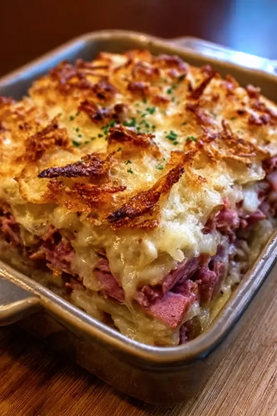 Reuben casserole bake served on a plate with a side salad showing the creamy interior and golden brown top