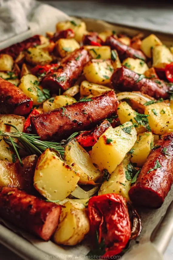 Roasted Sausage and Potatoes on a sheet pan directly from the oven