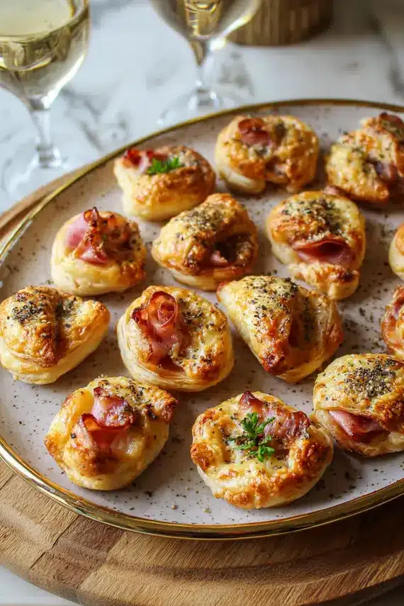 Golden brown ham cheese puff pastry bites arranged on a serving platter