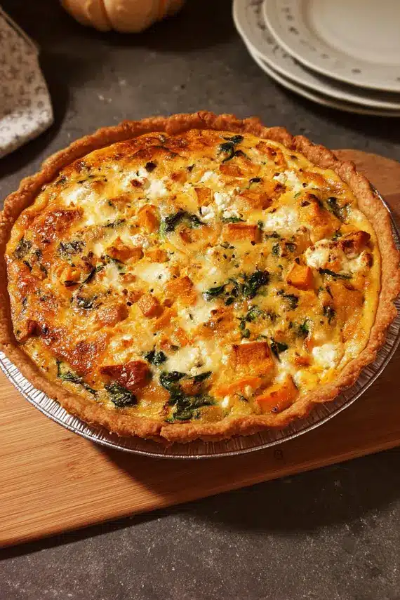 Freshly baked Pumpkin Feta Quiche with a golden crust and creamy filling