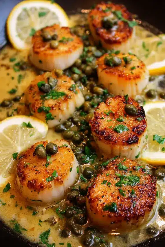 Perfectly seared scallops with golden crust and lemon caper butter sauce