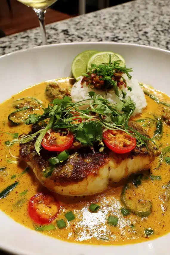Plated Sea Bass in Miso Coconut Sauce with rice and vegetables, garnished with green onions