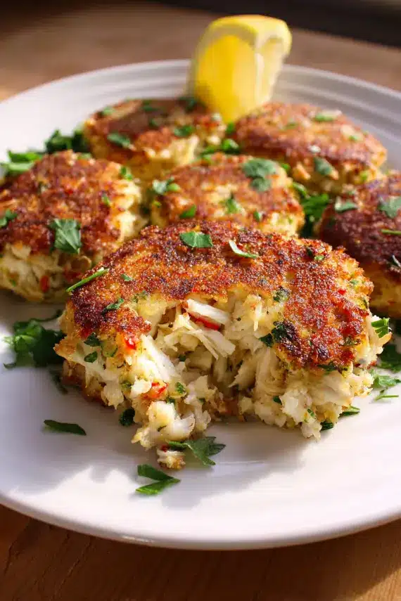 Golden crispy classic crab cakes on a serving plate with lemon wedges and aioli dip
