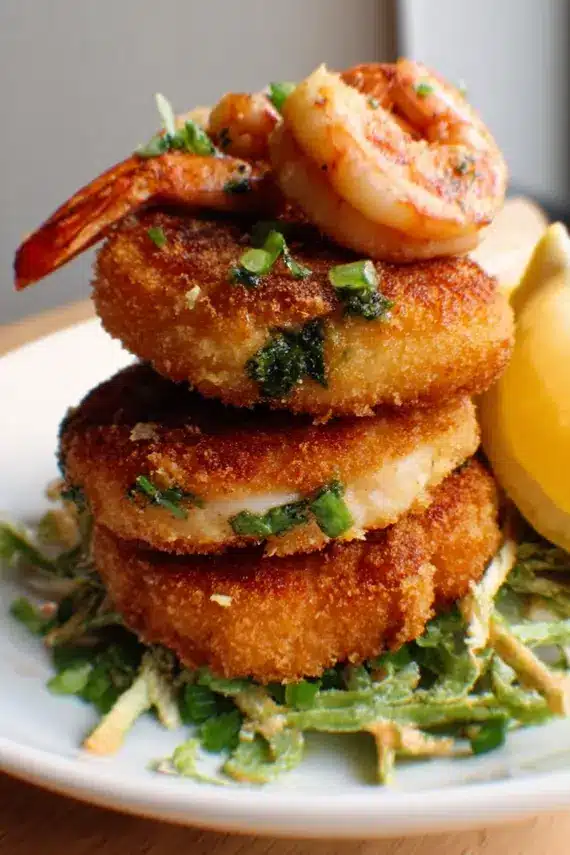A serving platter of crispy shrimp patties arranged with dipping sauces and garnishes