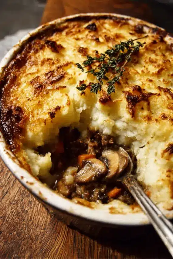 Brown Butter Mushroom Shepherd's Pie with golden top and bubbling edges