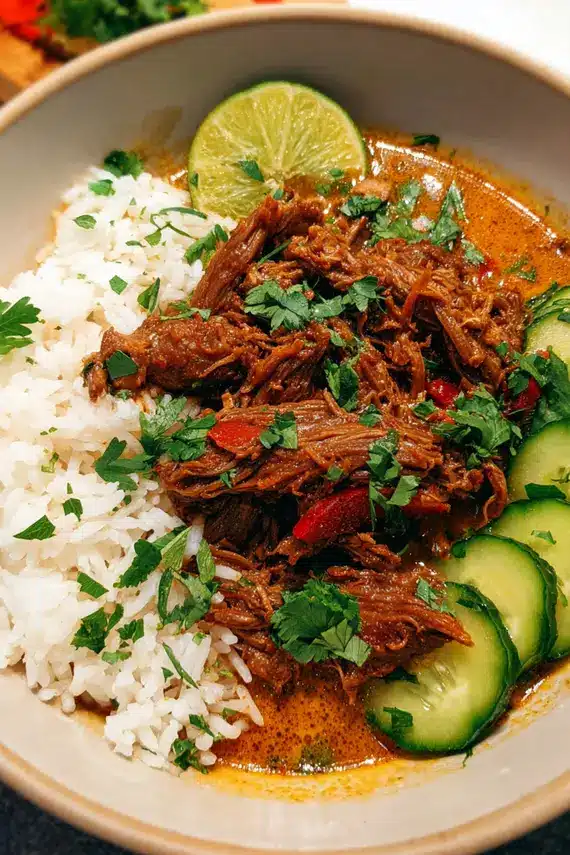 Shredded beef curry dish being served over rice with colorful garnishes