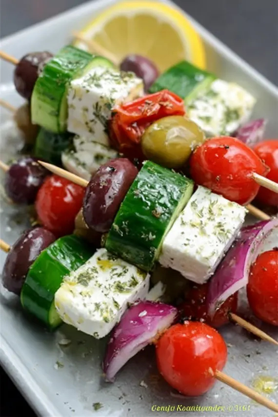 Greek salad skewers arranged beautifully on a serving platter