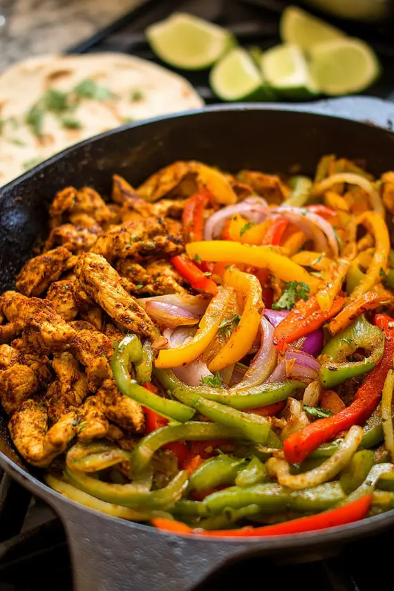 Sizzling skillet chicken fajitas with colorful bell peppers