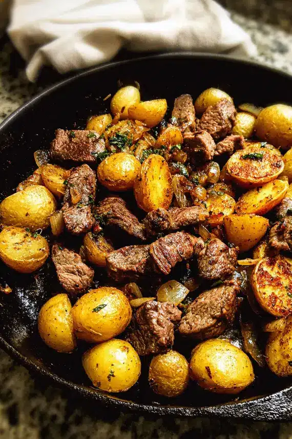 One skillet smoky steak potatoes cooked to perfection with golden potatoes and savory steak strips