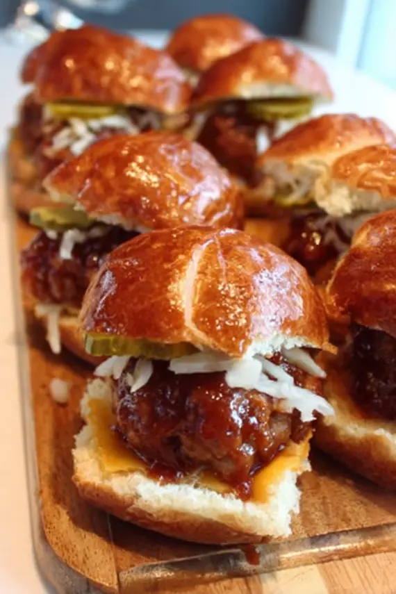 BBQ meatball sliders arranged on a serving platter