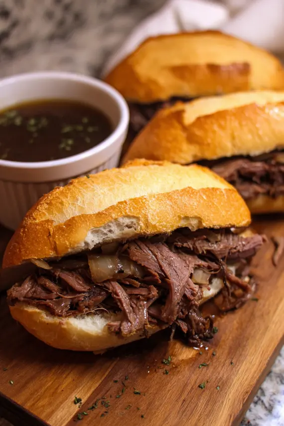 Slow Cooker French Dip Sandwiches with au jus dipping sauce