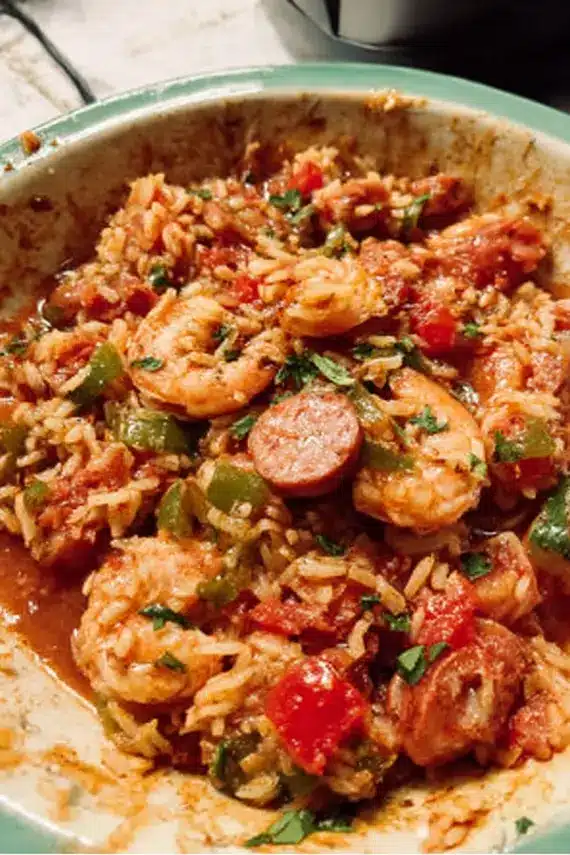 Slow Cooker Cajun Jambalaya served in a white bowl with crusty bread on the side and fresh herbs as garnish