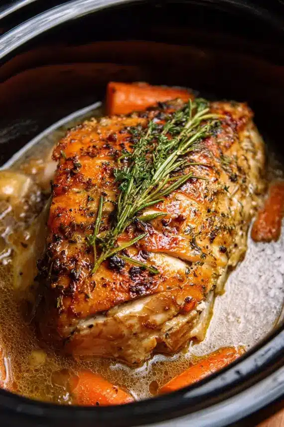 Perfectly cooked slow cooker turkey breast sliced and served with herbs and gravy