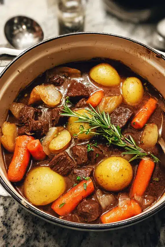 Slow simmered beef stew served in a rustic bowl with fresh herbs and crusty bread on the side