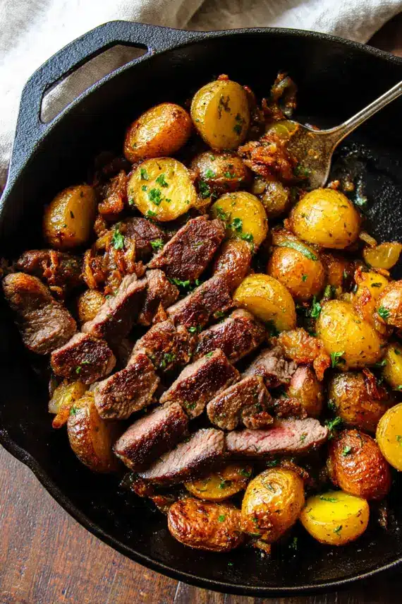 Close-up of smoky potatoes with perfectly seared steak strips and colorful vegetables in a cast iron skillet