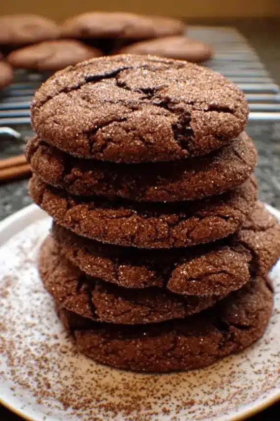 Freshly baked chocolate snickerdoodle cookies on a cooling rack