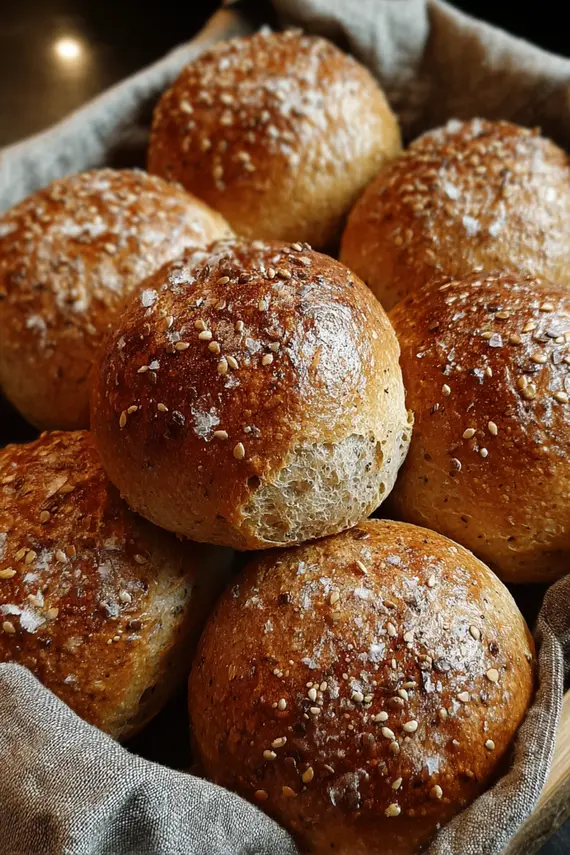 Freshly baked crusty spelt rolls arranged on a cooling rack