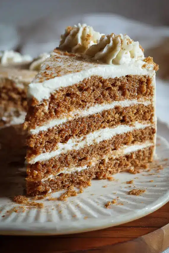 Layered spice cake with cream cheese frosting between each layer and a decorative swirl pattern on top