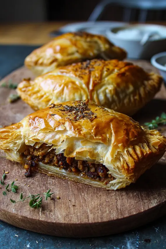 Golden brown spiced lamb pastry parcels fresh from the oven on a serving platter