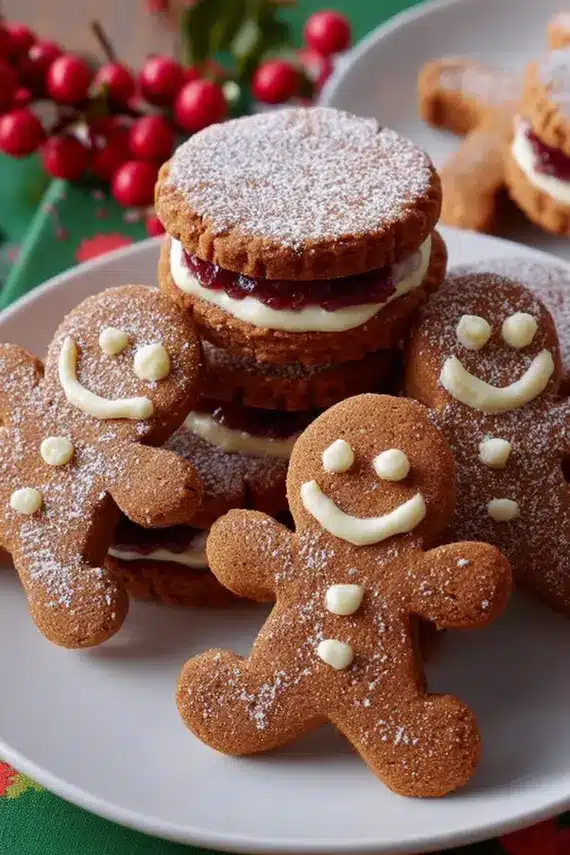 Beautifully decorated gingerbread men sandwich cookies arranged as a holiday gift