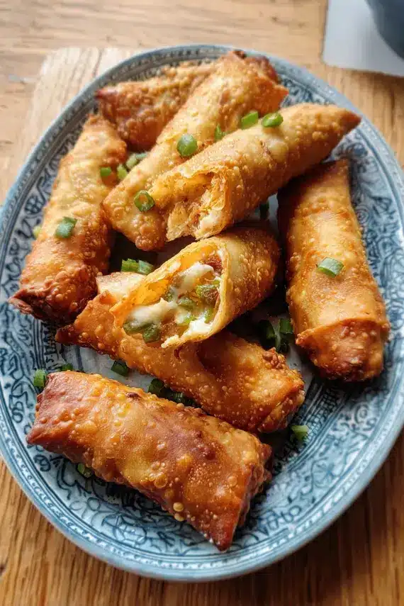Spicy chicken egg rolls with dipping sauce arranged on a serving board