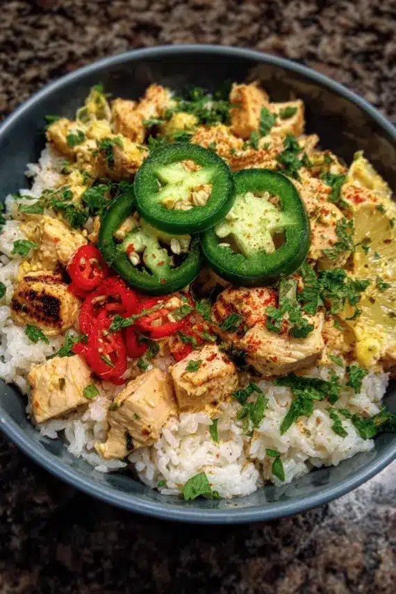 Jalapeño Chicken Rice Bowls with garnishes
