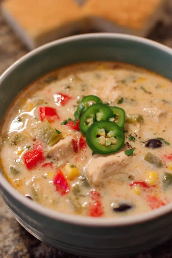 Spicy chicken soup variation with garnishes of fresh herbs and croutons