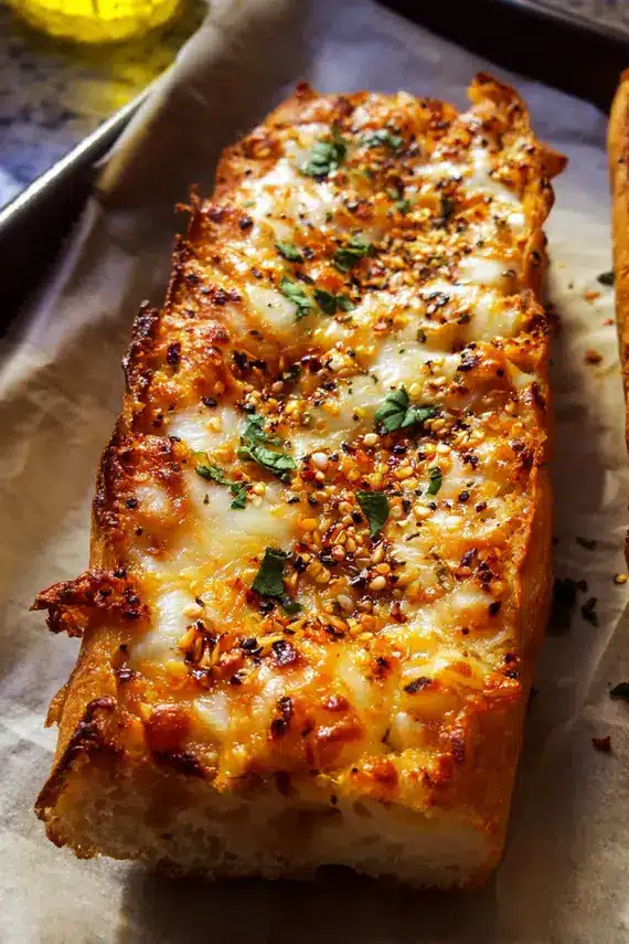 Chili Garlic Mozzarella Bread arranged on a serving platter with fresh herbs and dipping sauce