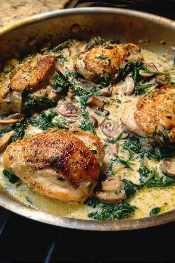 Creamy Mushroom Spinach Chicken served over pasta with fresh herbs garnish