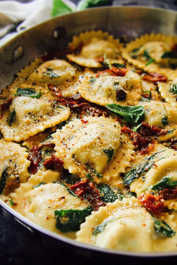 Close-up of spinach ricotta filling being prepared for homemade ravioli