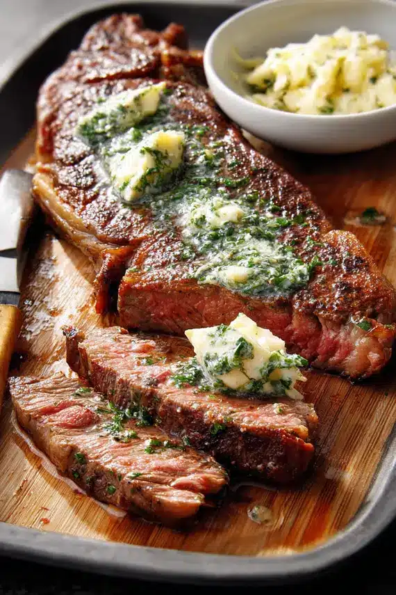 Close-up of garlic butter sauce being poured over sliced steak on a serving platter