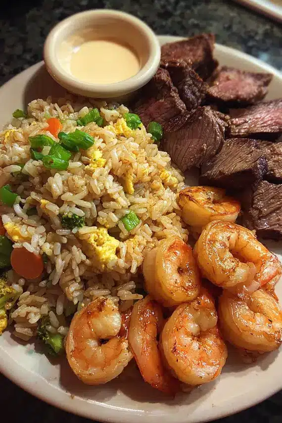 Perfectly cooked hibachi steak fried rice served in a bowl with chopsticks