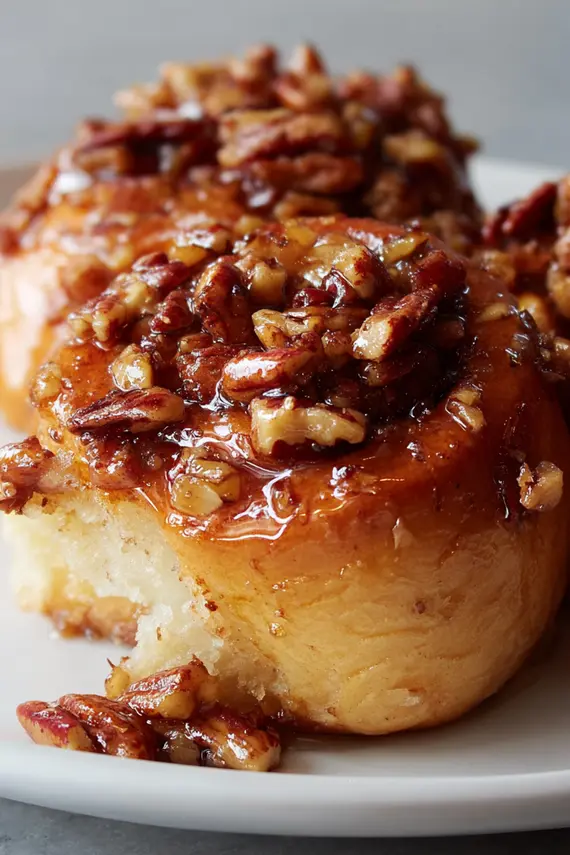 Freshly baked sticky buns with pecans arranged on a cooling rack