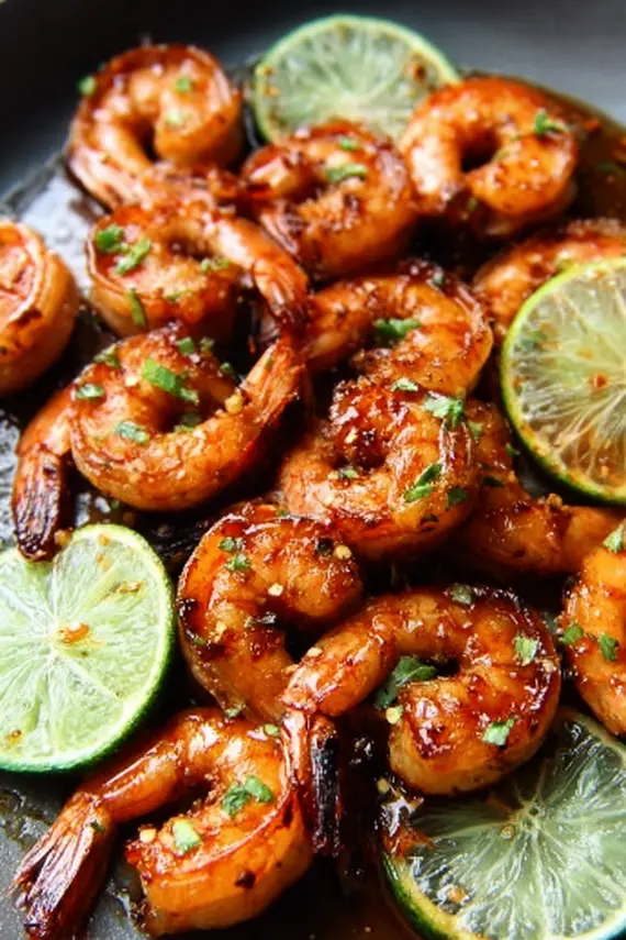 Grilled sticky honey lime shrimp served on a platter with rice, vegetables and lime wedges
