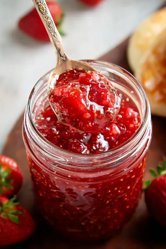 Homemade strawberry freezer jam in glass jars