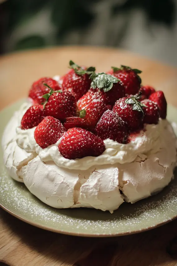 Close-up of fresh strawberry topping on whipped cream showing vibrant red berries arranged in a decorative pattern