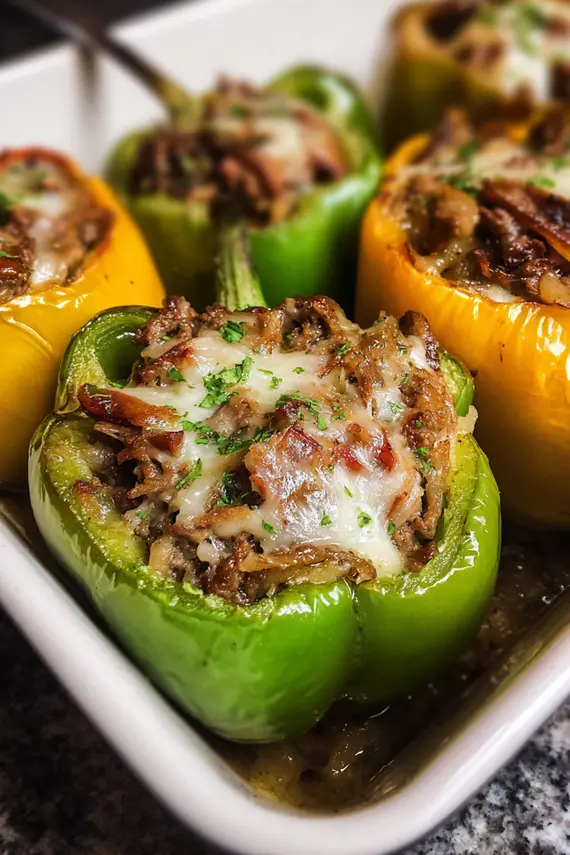 Cheesesteak stuffed bell peppers served with a side salad