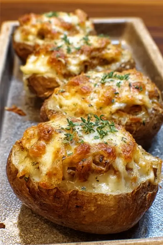 French Onion Stuffed Potatoes served as a meal with a side salad