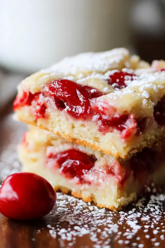 Sliced sugar cookie sweet cherry pie bars displayed on a serving platter with powdered sugar dusting