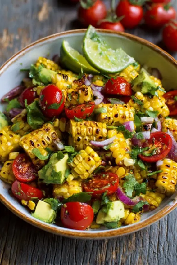 Colorful bowl of grilled corn avocado tomato salad showing charred corn, bright tomatoes, and creamy avocado pieces
