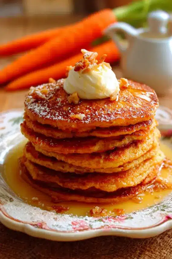 Sweet breakfast pancakes with cream cheese drizzle and nuts