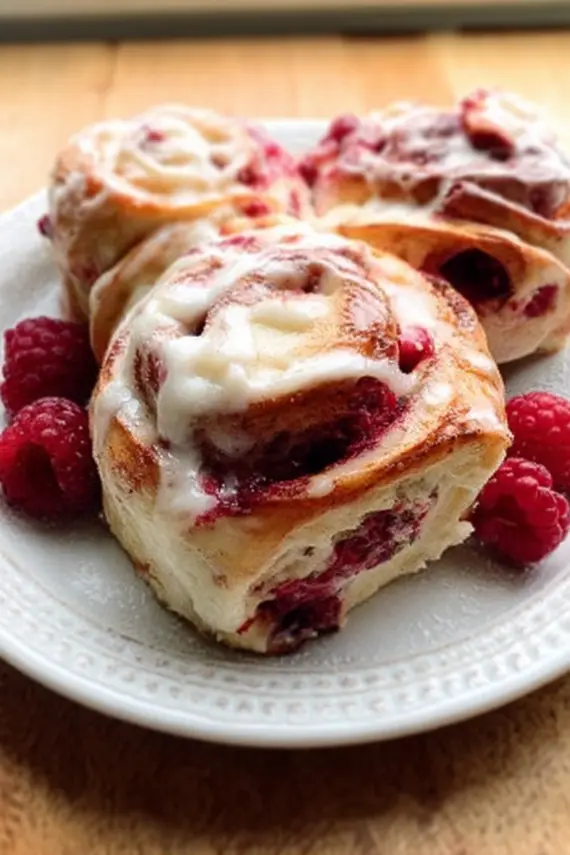 Close-up of raspberry sweet rolls with white glaze dripping down the sides