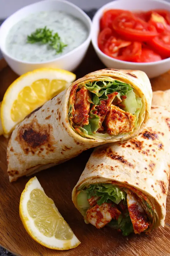 Freshly made tandoori chicken strips with vibrant red color and charred edges, ready to be added to wraps