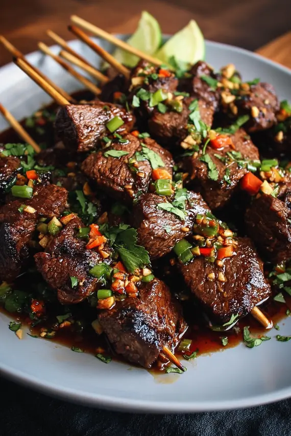 Delicious Thai Steak Skewers with fresh herbs and lime wedges